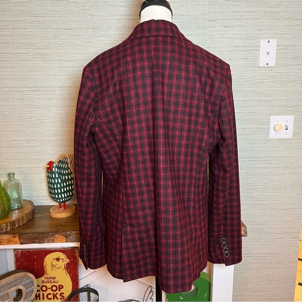 Eddie Bauer Tartan Plaid Burgundy Red Black Wool Double Button Blazer Size 14 - Picture 5 of 7